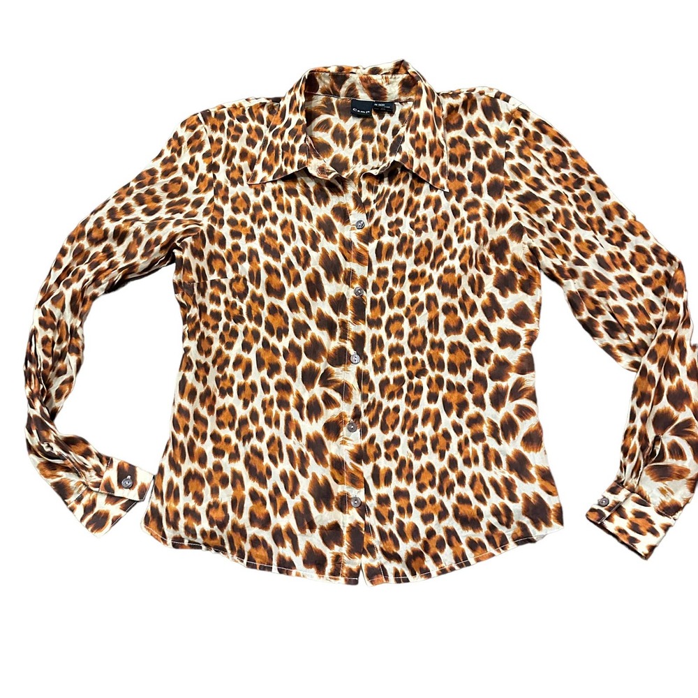 Cami Womens silk animal print button down shirt, Size 8